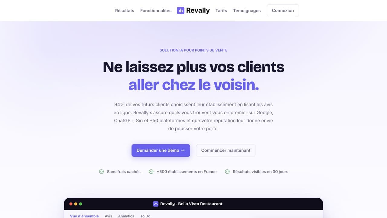 Page d’accueil de Revally présentant sa solution de visibilité locale