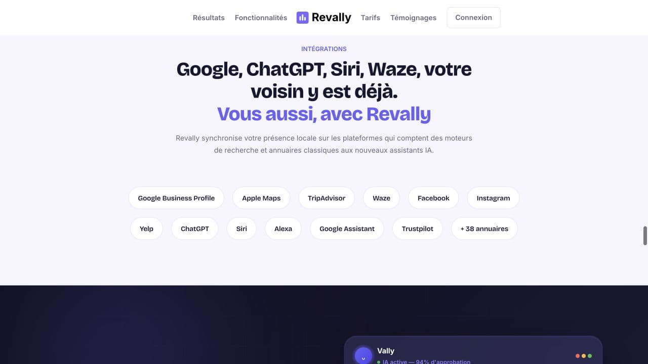 Section des intégrations Revally avec Google Business Profile, Facebook et Instagram